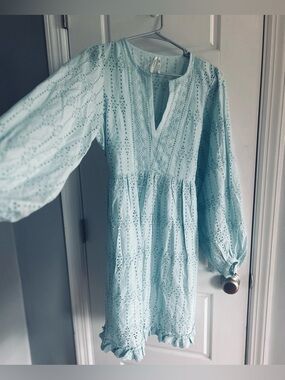 Anthropologie Forever That Girl Blue Eyelet Mini Dress Adj Slip Size 6 EUC